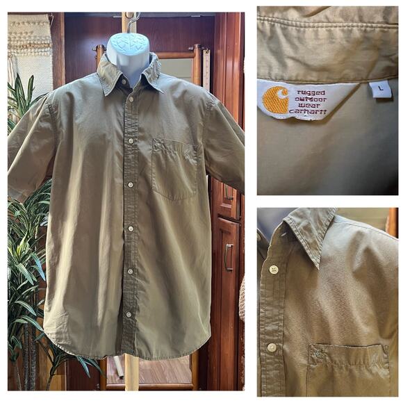Carhartt Men’s L Rugged Work Shirt | Tan Cotton Short Sleeve Utility Button-Up - Picture 7 of 7